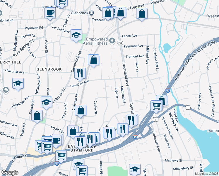 map of restaurants, bars, coffee shops, grocery stores, and more near 196 Lawn Avenue in Stamford