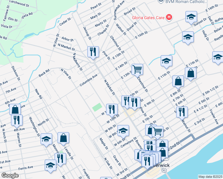 map of restaurants, bars, coffee shops, grocery stores, and more near 1209 N Market St in Berwick