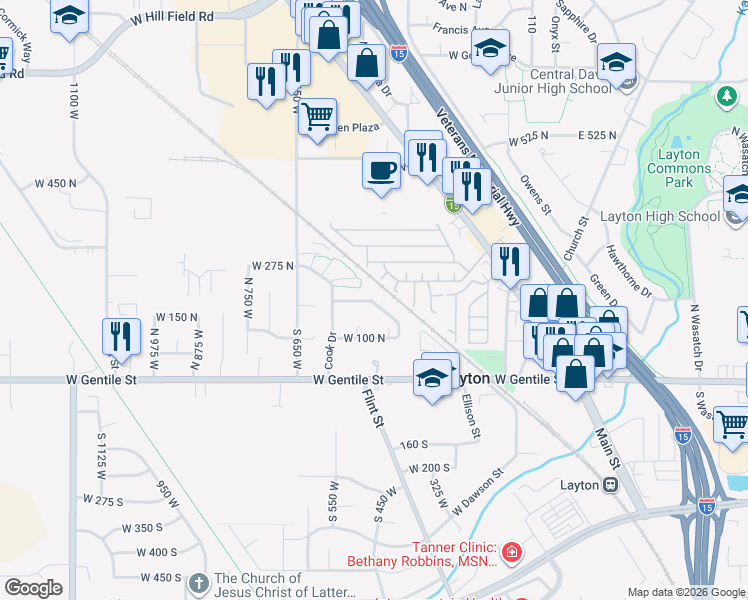 map of restaurants, bars, coffee shops, grocery stores, and more near 2214 North 450 West in Layton