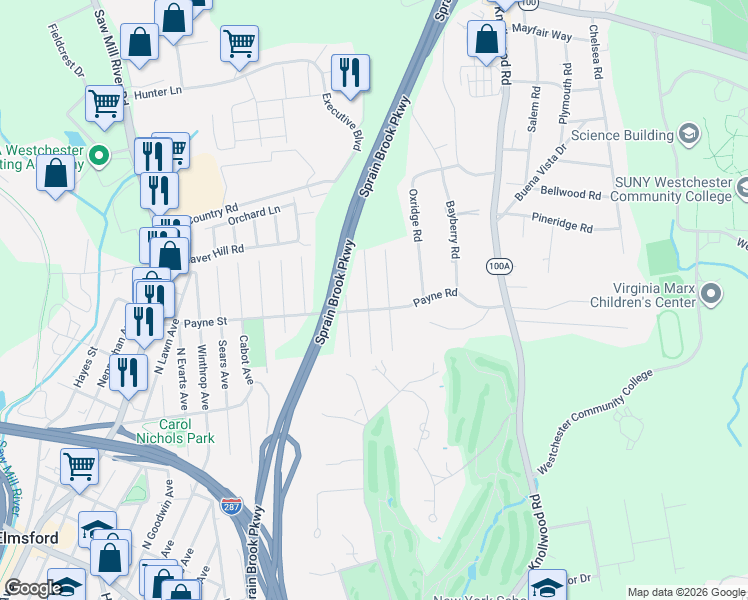 map of restaurants, bars, coffee shops, grocery stores, and more near 195 Payne Street in Elmsford