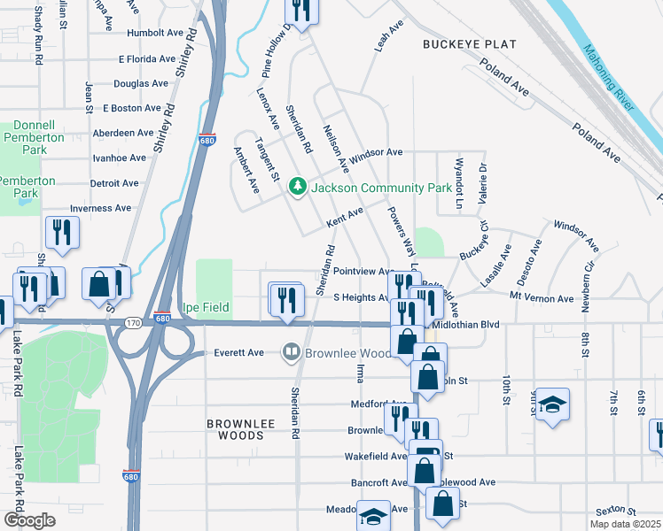 map of restaurants, bars, coffee shops, grocery stores, and more near 1901 Pointview Avenue in Youngstown
