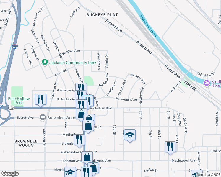 map of restaurants, bars, coffee shops, grocery stores, and more near 3536 Lasalle Avenue in Youngstown