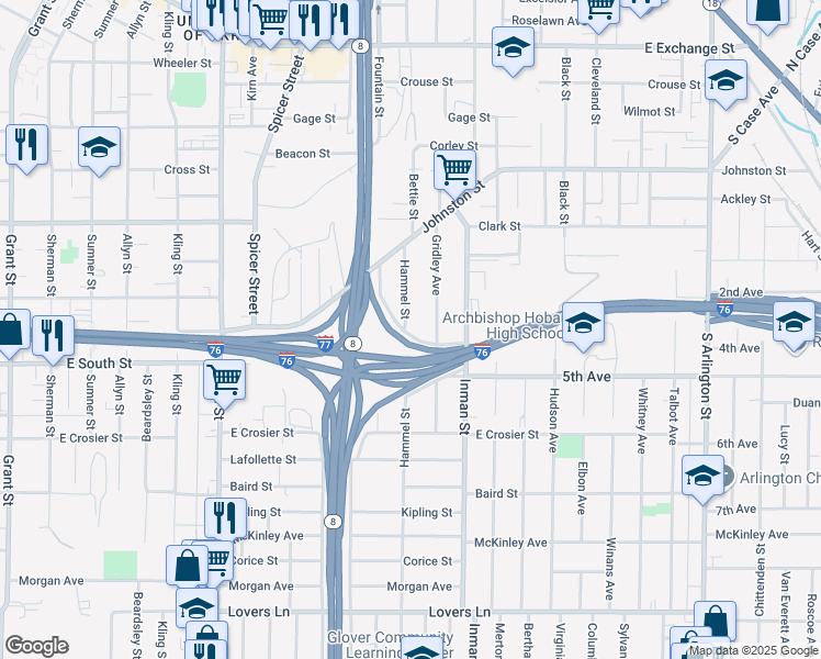 map of restaurants, bars, coffee shops, grocery stores, and more near 549 Hammel Street in Akron