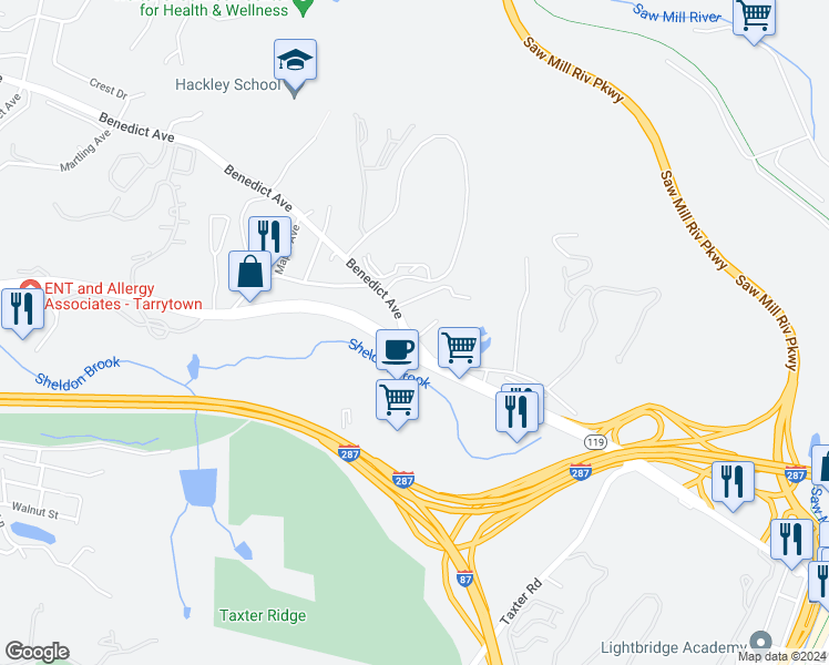 map of restaurants, bars, coffee shops, grocery stores, and more near 179 White Plains Road in Tarrytown