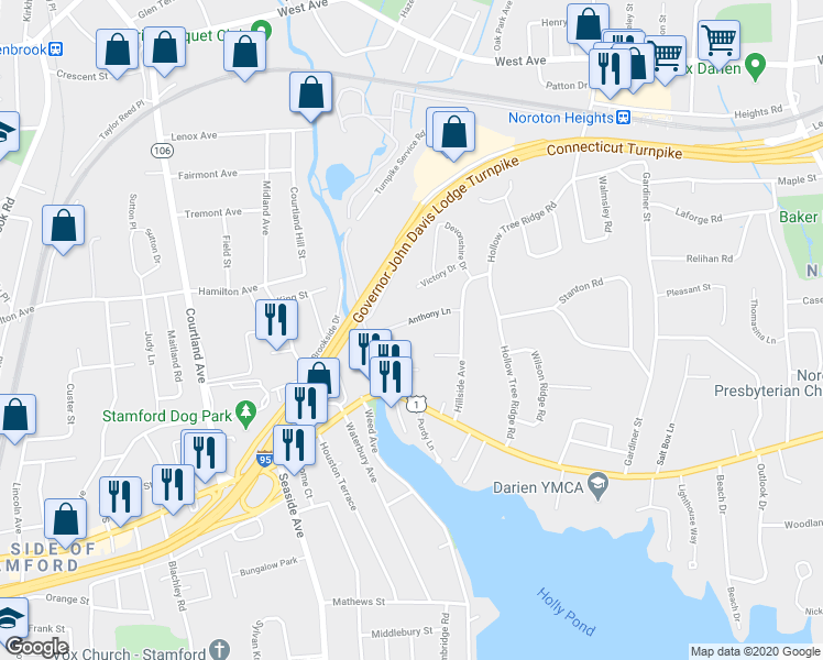 map of restaurants, bars, coffee shops, grocery stores, and more near 23 Anthony Lane in Darien
