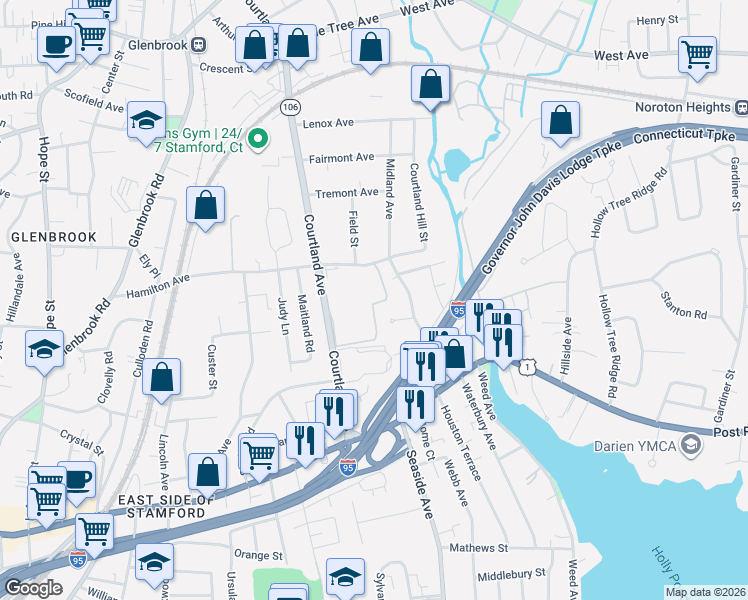 map of restaurants, bars, coffee shops, grocery stores, and more near 29 Hamilton Court in Stamford