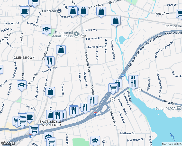 map of restaurants, bars, coffee shops, grocery stores, and more near 125 Courtland Avenue in Stamford