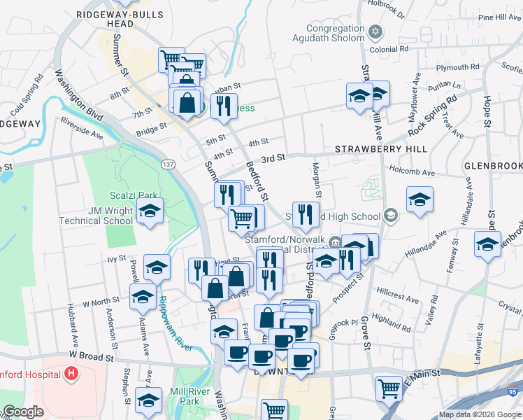 map of restaurants, bars, coffee shops, grocery stores, and more near 15 1st Street in Stamford