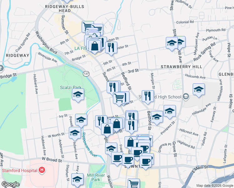 map of restaurants, bars, coffee shops, grocery stores, and more near 127 1st Street in Stamford