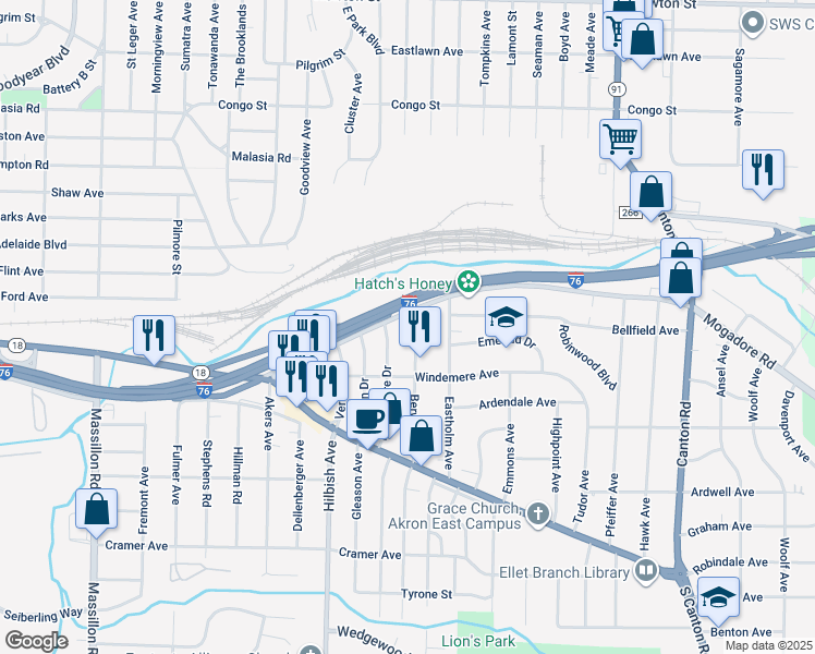 map of restaurants, bars, coffee shops, grocery stores, and more near 31 Berwyck Drive in Akron