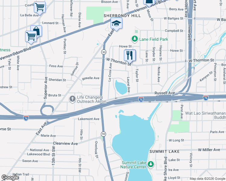 map of restaurants, bars, coffee shops, grocery stores, and more near 1171 La Croix Avenue in Akron