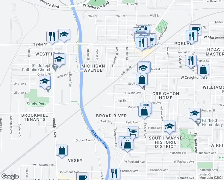 map of restaurants, bars, coffee shops, grocery stores, and more near 1360 Huestis Avenue in Fort Wayne