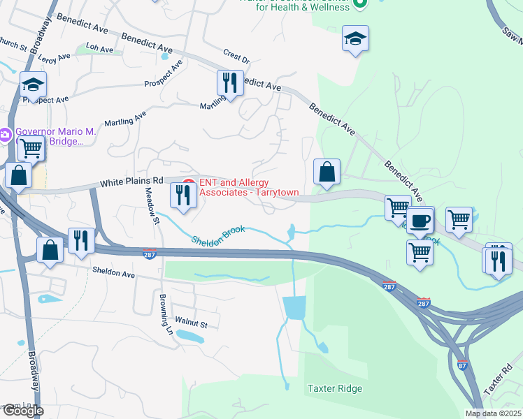 map of restaurants, bars, coffee shops, grocery stores, and more near 1678 Crescent Drive in Tarrytown