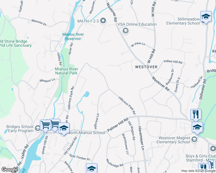 map of restaurants, bars, coffee shops, grocery stores, and more near Hillcrest Park Road in Greenwich