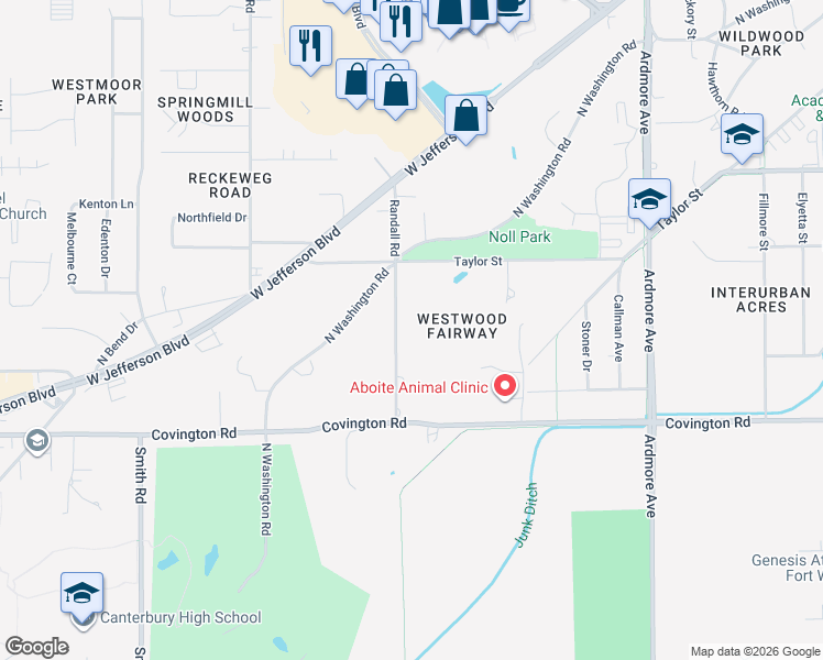 map of restaurants, bars, coffee shops, grocery stores, and more near 2305 Randall Road in Fort Wayne