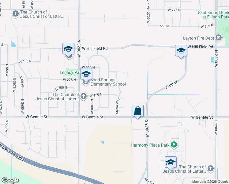 map of restaurants, bars, coffee shops, grocery stores, and more near 2948 West 150 North in Layton