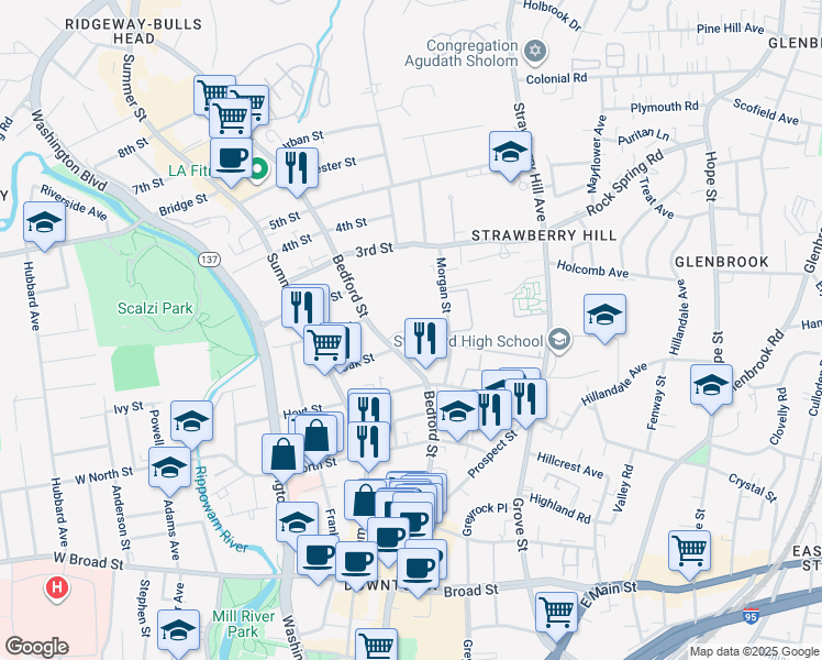map of restaurants, bars, coffee shops, grocery stores, and more near 1101 Bedford Street in Stamford