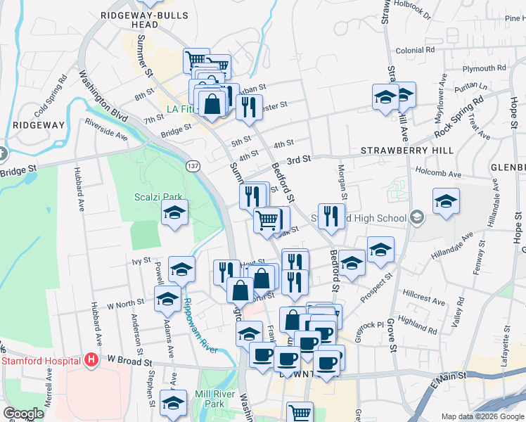 map of restaurants, bars, coffee shops, grocery stores, and more near 127 1st Street in Stamford