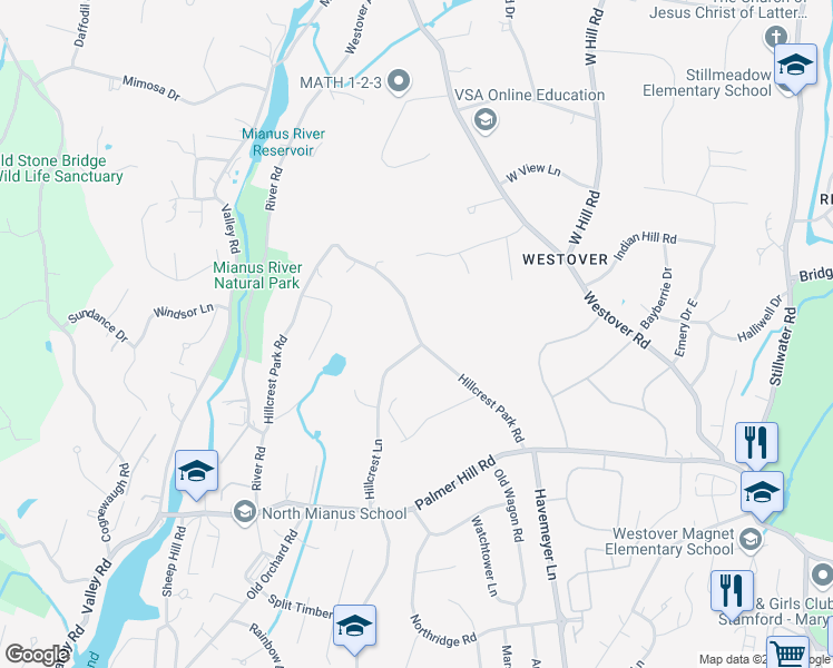 map of restaurants, bars, coffee shops, grocery stores, and more near Hillcrest Park Road in Greenwich
