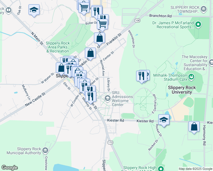 map of restaurants, bars, coffee shops, grocery stores, and more near 339 Library Drive in Slippery Rock