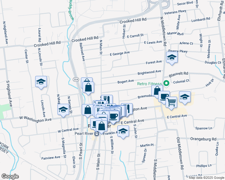 map of restaurants, bars, coffee shops, grocery stores, and more near 41 Hunt Avenue in Pearl River