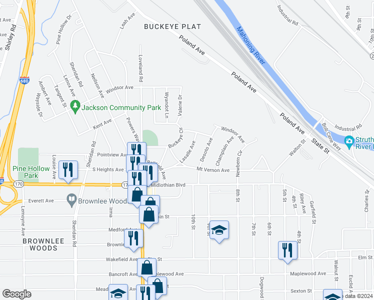 map of restaurants, bars, coffee shops, grocery stores, and more near 3532 Lasalle Avenue in Youngstown