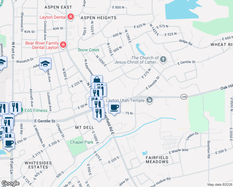 map of restaurants, bars, coffee shops, grocery stores, and more near 116 North Adamswood Road in Layton