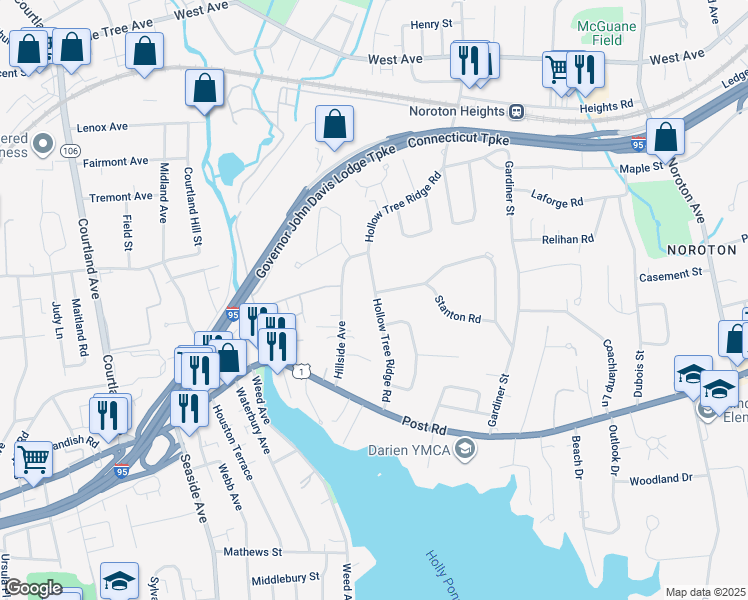 map of restaurants, bars, coffee shops, grocery stores, and more near 47 Hollow Tree Ridge Road in Darien