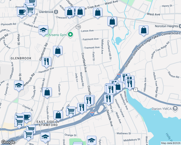 map of restaurants, bars, coffee shops, grocery stores, and more near 131 Courtland Avenue in Stamford