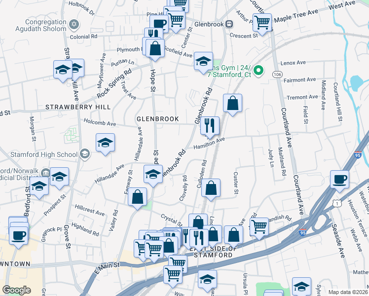 map of restaurants, bars, coffee shops, grocery stores, and more near 253 Glenbrook Road in Stamford