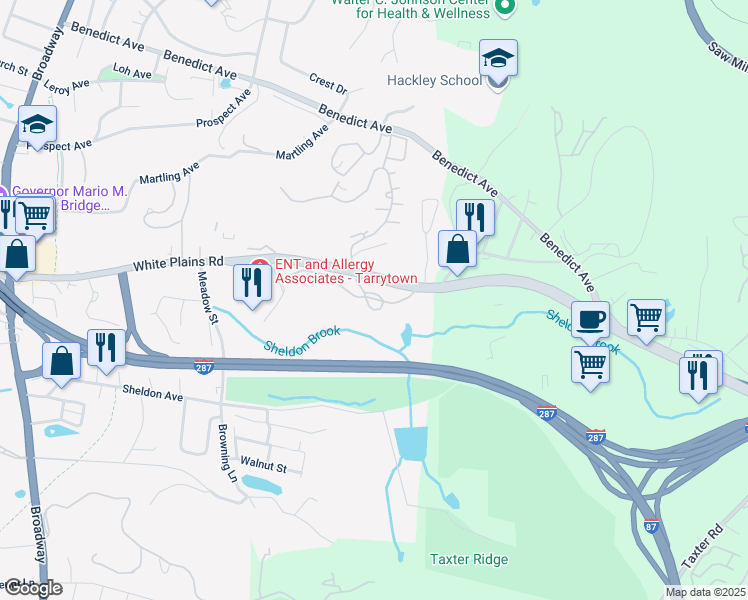 map of restaurants, bars, coffee shops, grocery stores, and more near 1818 Crescent Drive in Tarrytown