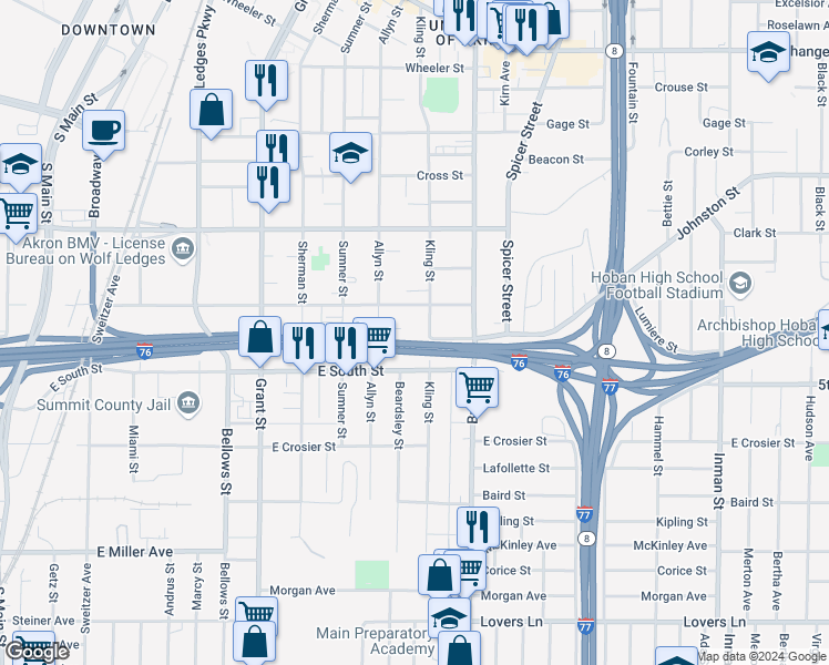 map of restaurants, bars, coffee shops, grocery stores, and more near 718 Kling Street in Akron
