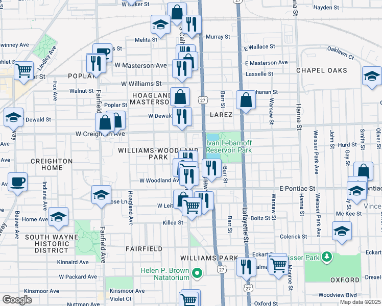 map of restaurants, bars, coffee shops, grocery stores, and more near 121 East Suttenfield Street in Fort Wayne