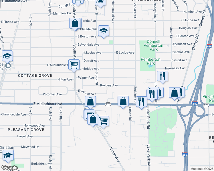 map of restaurants, bars, coffee shops, grocery stores, and more near 745 Roxbury Avenue in Youngstown