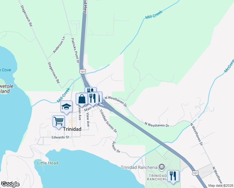 map of restaurants, bars, coffee shops, grocery stores, and more near 79 North Westhaven Drive in Trinidad