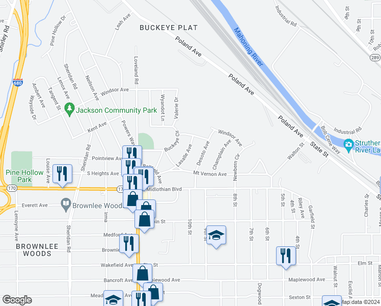 map of restaurants, bars, coffee shops, grocery stores, and more near 3527 Lasalle Avenue in Youngstown