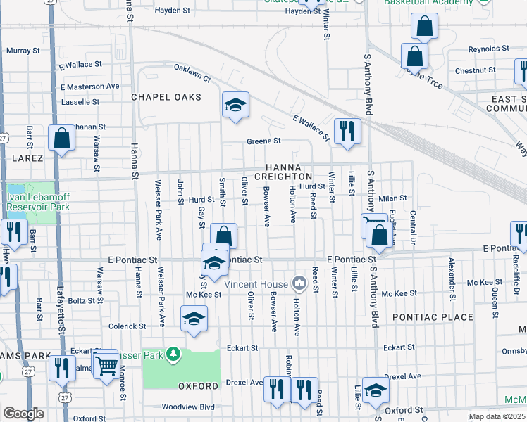 map of restaurants, bars, coffee shops, grocery stores, and more near 2424 Bowser Avenue in Fort Wayne