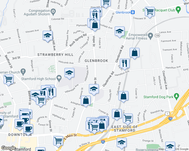 map of restaurants, bars, coffee shops, grocery stores, and more near 64 Hope Street in Stamford