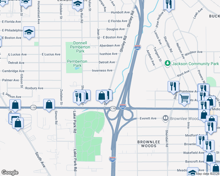 map of restaurants, bars, coffee shops, grocery stores, and more near 3636 Shirley Road in Youngstown