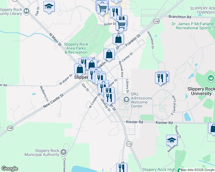 map of restaurants, bars, coffee shops, grocery stores, and more near 105 Maltby Avenue in Slippery Rock