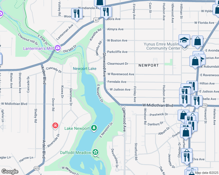 map of restaurants, bars, coffee shops, grocery stores, and more near 3711 Glenwood Avenue in Youngstown