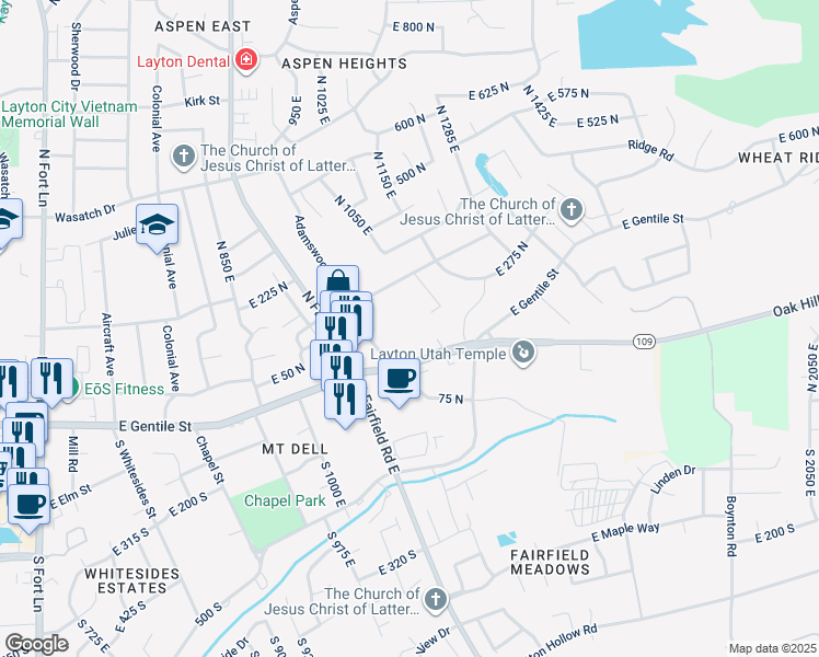 map of restaurants, bars, coffee shops, grocery stores, and more near 250 North Adamswood Road in Layton