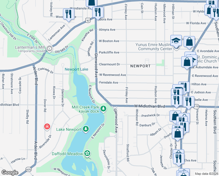 map of restaurants, bars, coffee shops, grocery stores, and more near 605 West Judson Avenue in Youngstown