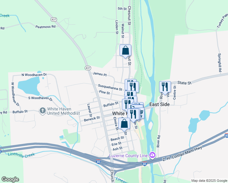 map of restaurants, bars, coffee shops, grocery stores, and more near 203 Pine St in White Haven
