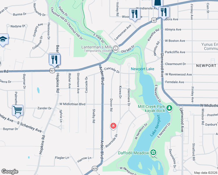 map of restaurants, bars, coffee shops, grocery stores, and more near 3615 Arden Boulevard in Youngstown