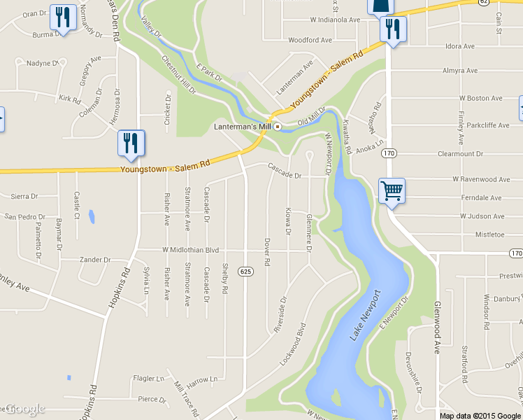 map of restaurants, bars, coffee shops, grocery stores, and more near 3552 Dover Road in Youngstown