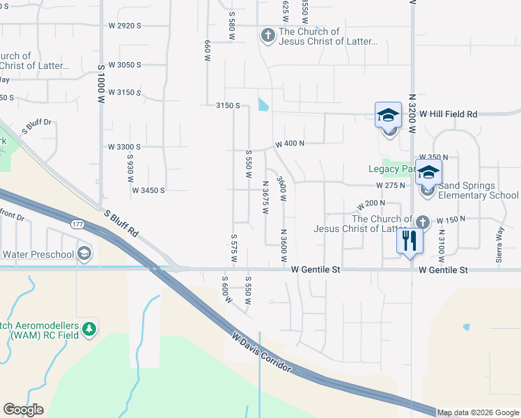 map of restaurants, bars, coffee shops, grocery stores, and more near 150 North 3675 West in Layton
