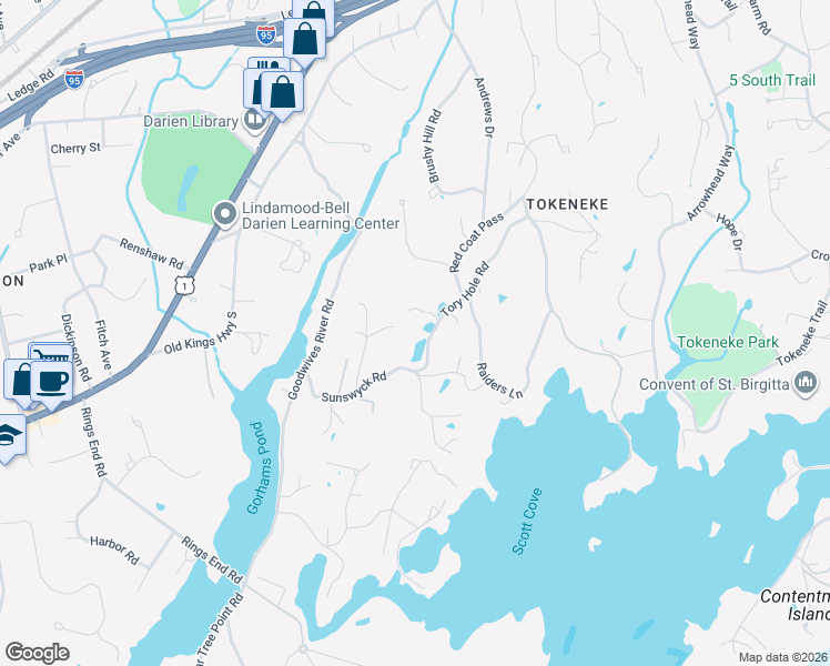 map of restaurants, bars, coffee shops, grocery stores, and more near 30 Sunswyck Road in Darien