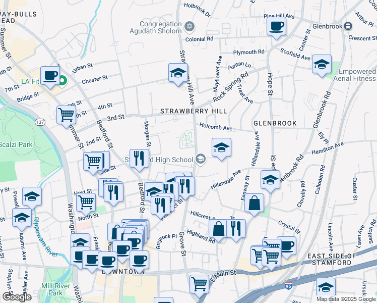 map of restaurants, bars, coffee shops, grocery stores, and more near 55 Strawberry Hill Avenue in Stamford