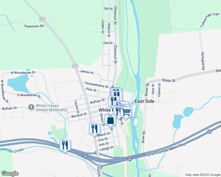 map of restaurants, bars, coffee shops, grocery stores, and more near 201 Main Street in White Haven